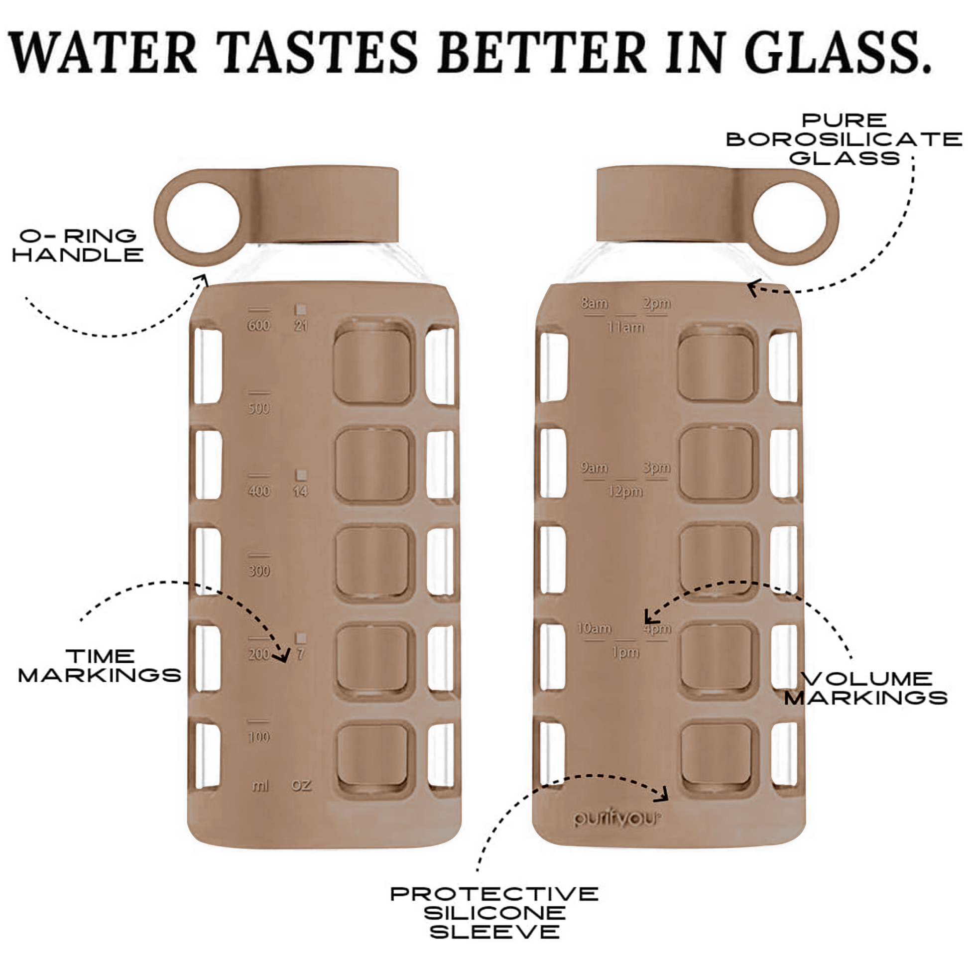 Purifyou Premium Glass Water Bottle with Silicone Sleeve and Stainless Steel Lid, 12 / 22 / 950ml